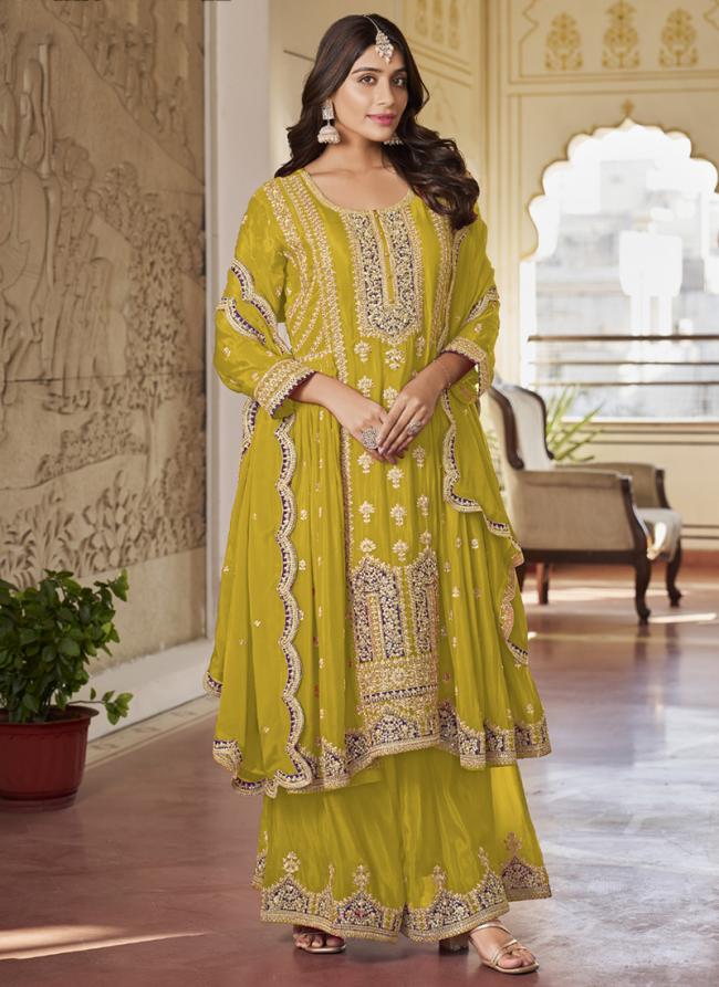 Pure Chinnon Lime Green Traditional Wear Embroidery Work Readymade Palazzo Suit